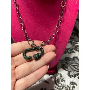 B.B. Lila gunmetal chain necklace with green pave carabiner necklace